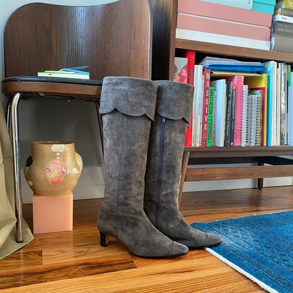Manolo Blahnik grey suede knee high boots